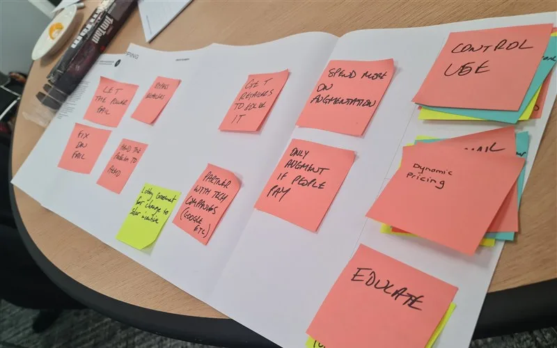 Ideas on sticky notes from a strategy workshop