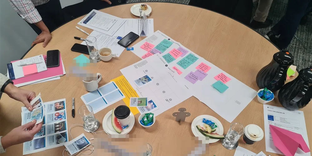 Workshop table with sticky notes and impact cards during a leadership program